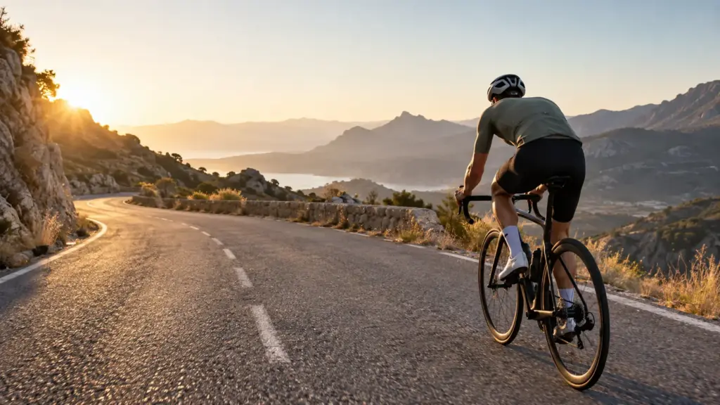 Ciclista de carretera subiendo un puerto de montaña al amanecer