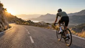 Ciclista de carretera subiendo un puerto de montaña al amanecer
