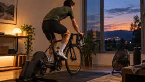 Ciclista entrenando en rodillo en casa junto a un ventilador y un bidón